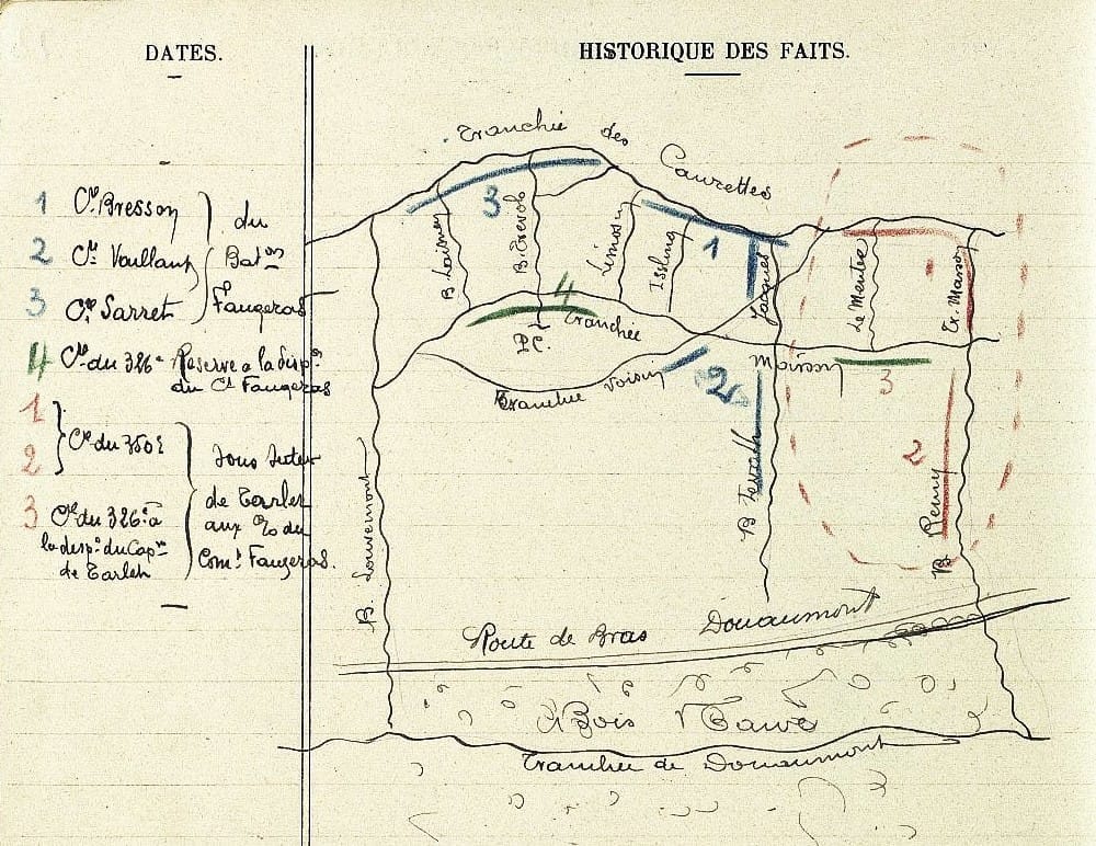 Croquis annexé au JMO du 65e Bataillon de Chasseurs à Pied, secteur du Bois Caure à Verdun en mai 1916, avec disposition des compagnies du bataillon Faugeras le long des boyaux Levoth, Voisin, Remy et de la tranchée des Caurettes, au nord de la route de Bras-Douaumont.
