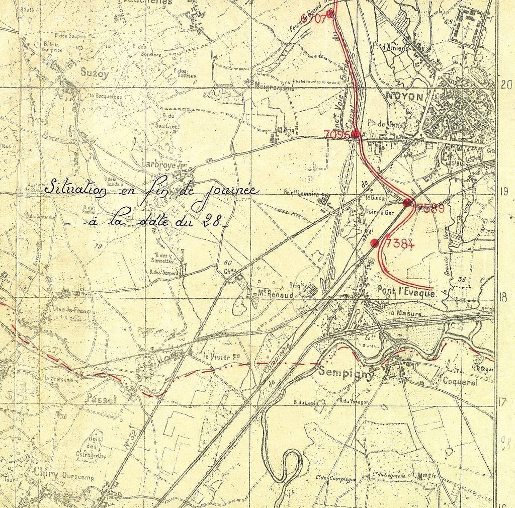 Croquis du JMO du 3e zouaves 1914-1918 : situation devant Noyon en fin de journée du 28 août 1918.