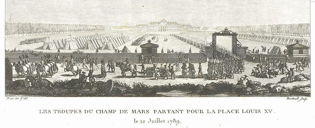 Gravure des troupes du Champ de Mars partant pour la place Louis XV le 12 juillet 1789.