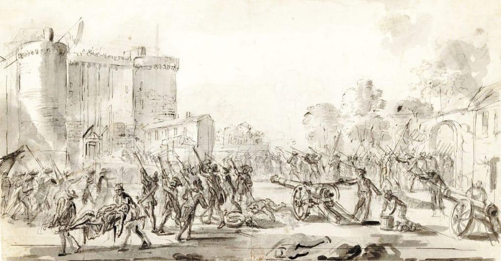 Assaut de la Bastille le 14 juillet 1789 — canons des assiégeants et foule armée devant les tours