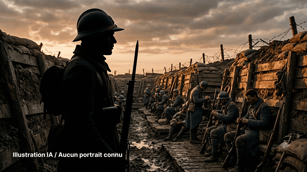Silhouette symbolique d'un combattant de la Première Guerre mondiale dans une tranchée. Illustration IA, aucun portrait connu.