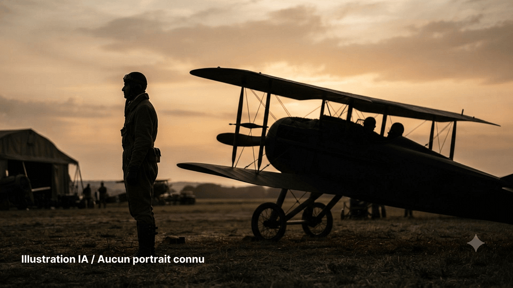 Silhouette symbolique d'un aviateur de la Première Guerre mondiale devant son biplan. Illustration IA, aucun portrait connu.
