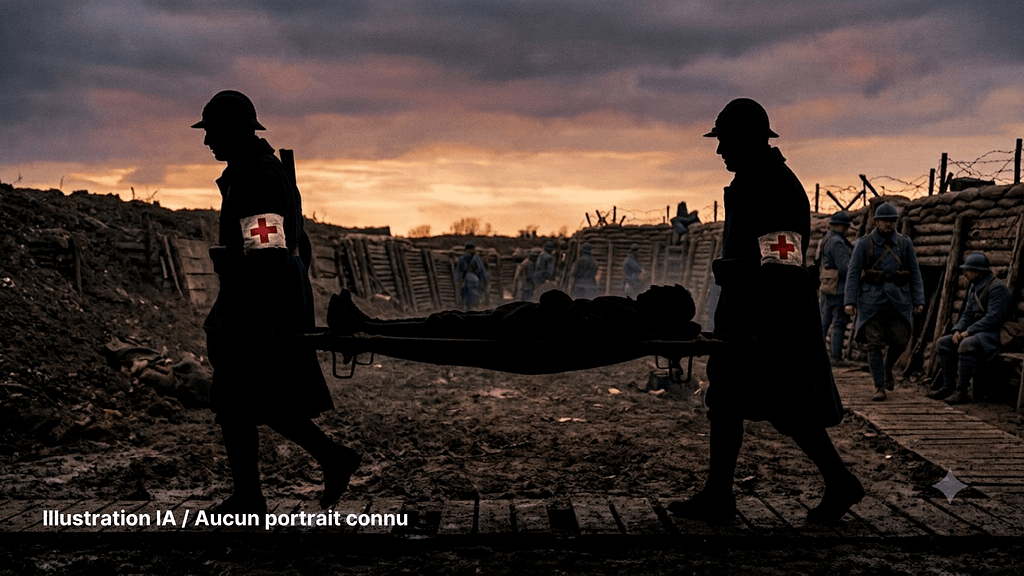 Silhouette symbolique d'un brancardier de la Première Guerre mondiale. Illustration IA, aucun portrait connu.