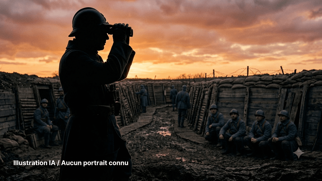 Silhouette symbolique d'un officier de la Première Guerre mondiale observant à la jumelle. Illustration IA, aucun portrait connu.