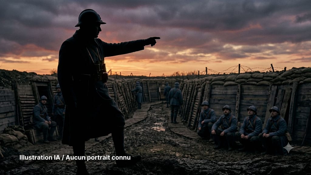Silhouette symbolique d'un officier de la Première Guerre mondiale donnant l'assaut. Illustration IA, aucun portrait connu.