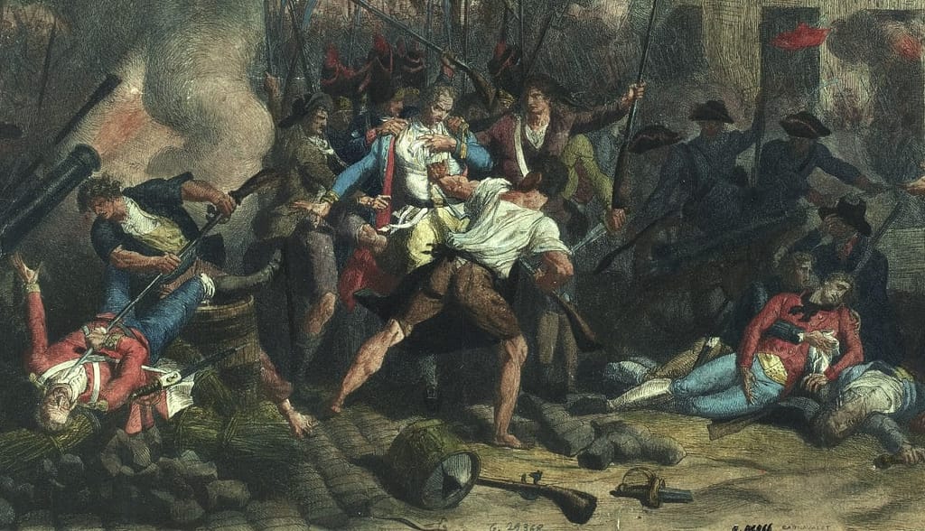 Mort de De Launay saisi à la gorge par la foule, 14 juillet 1789