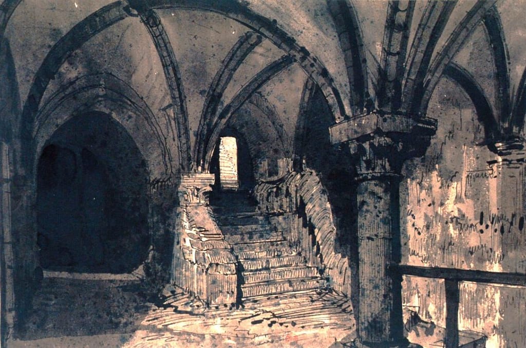 Escalier de cachots souterrains — illustration des oubliettes de la Bastille - 1789
