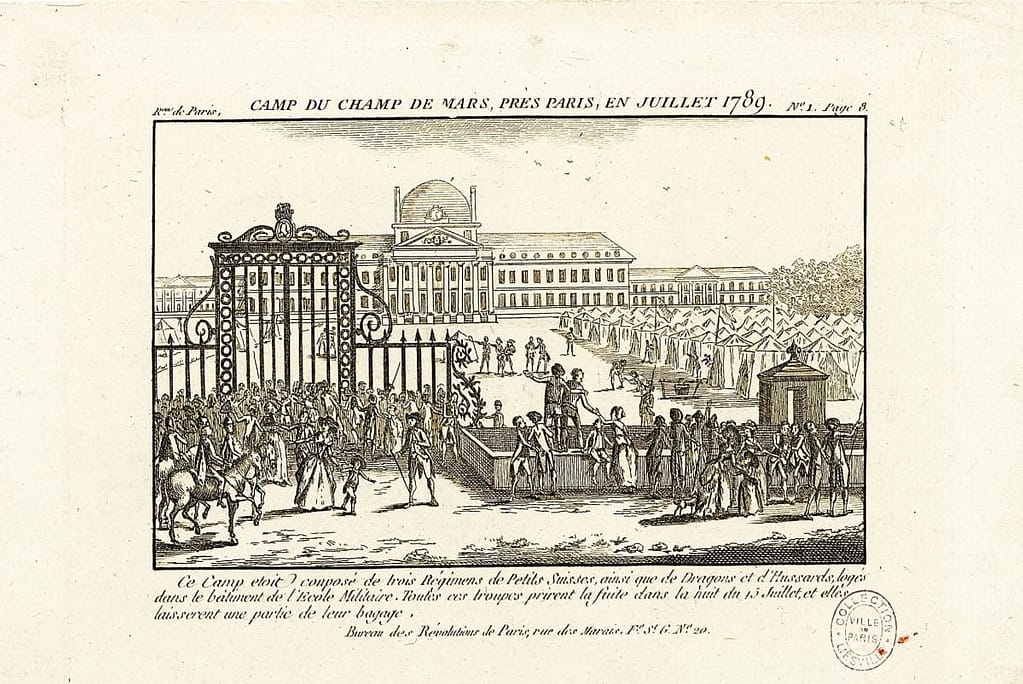 Camp du Champ de Mars près Paris en juillet 1789, avec les régiments suisses dont Salis-Samade logés à l'École Militaire