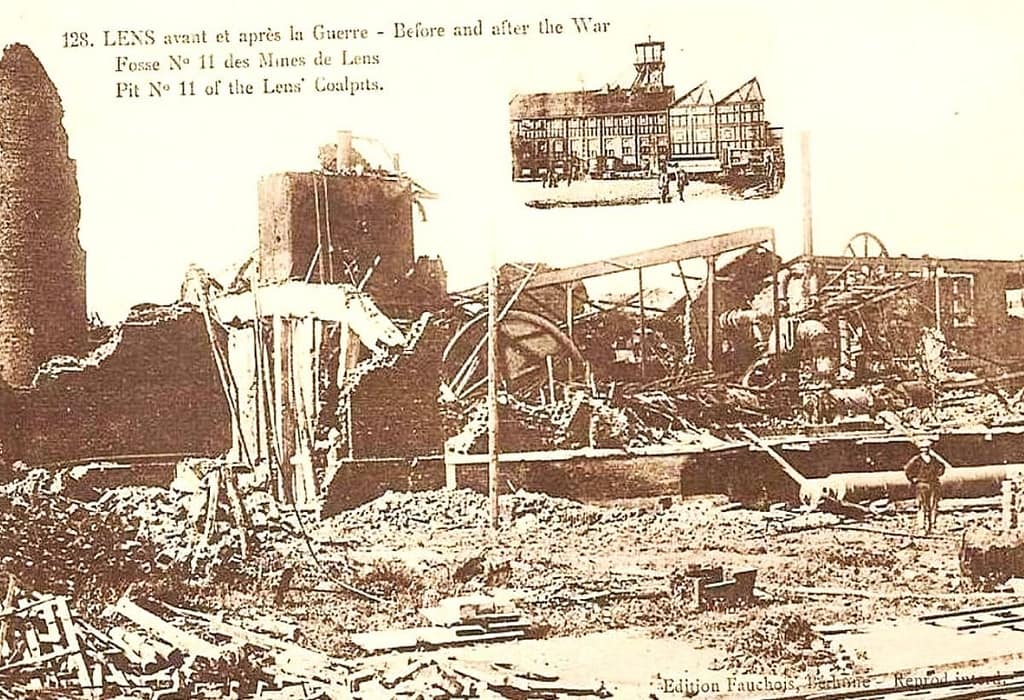 Montage photographique montrant la Fosse 11 de Loos-en-Gohelle avant et après les destructions, document pour ce Combat occupation 1914.