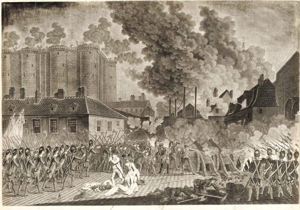 L'assaut de la Bastille le 14 juillet 1789 — incendie, combats et fumée sur la forteresse