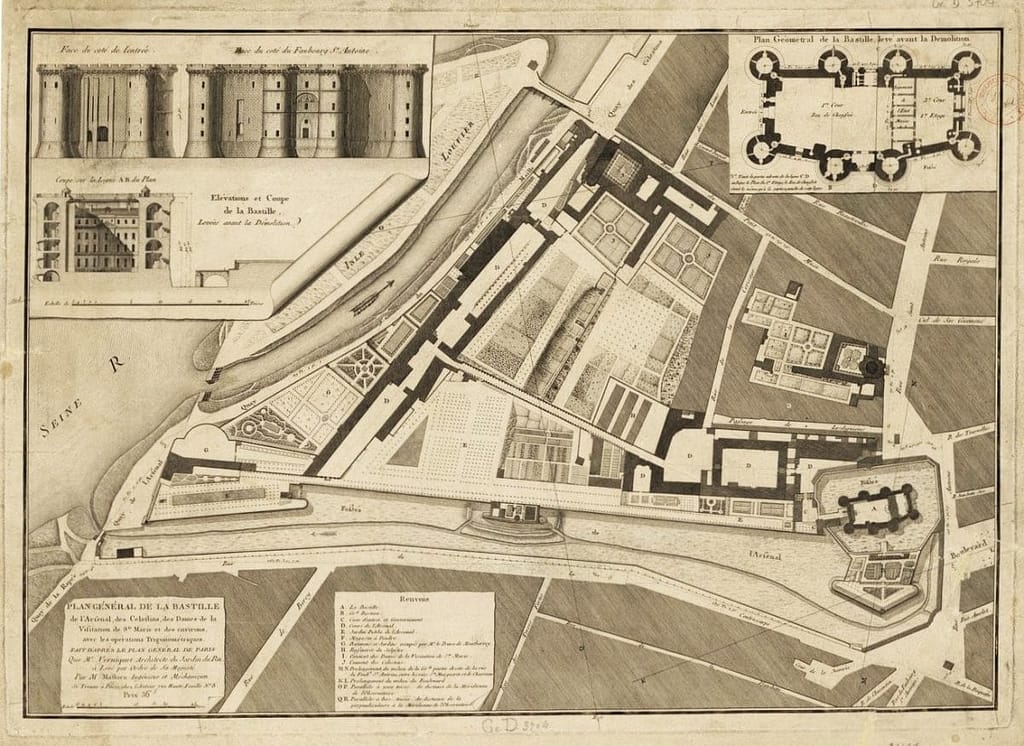 Défense de la Bastille — plan général avec tours, fossés et cour du gouvernement, levé avant la démolition de 1789