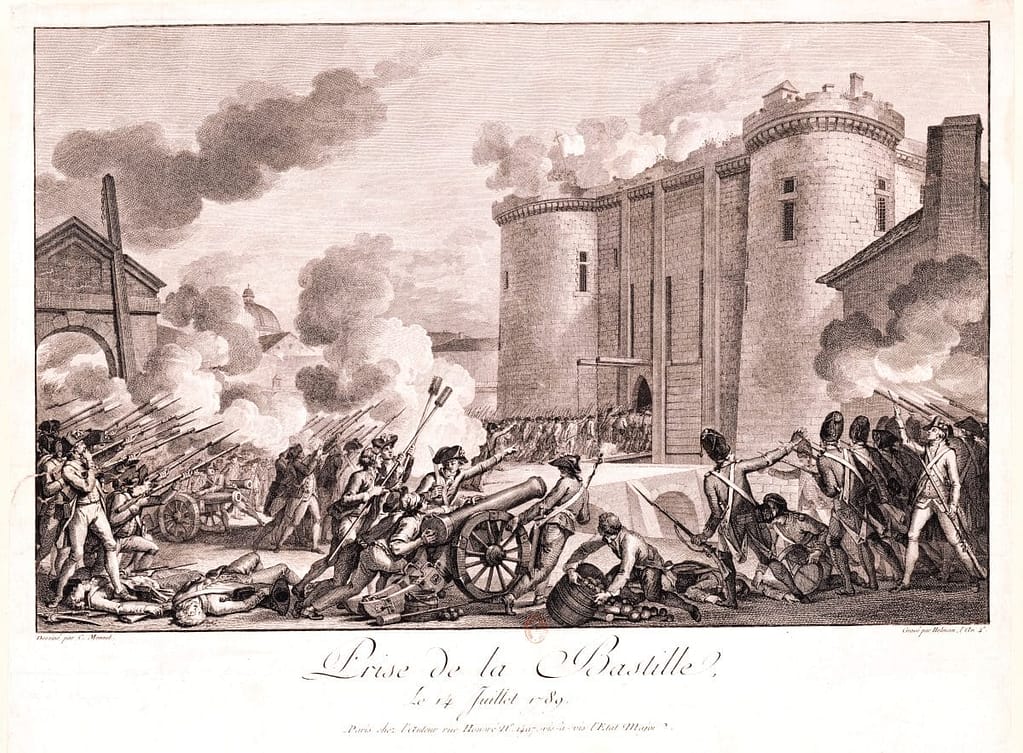 Défense Bastille 1789 : l'assaut des Gardes Françaises et bourgeois de Paris avec canons devant la forteresse, 14 juillet 1789