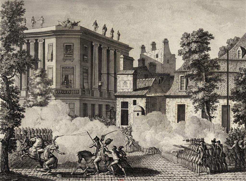 Affrontement entre le régiment Royal-Allemand du prince de Lambesc et les Gardes Françaises devant leur dépôt, 12 juillet 1789