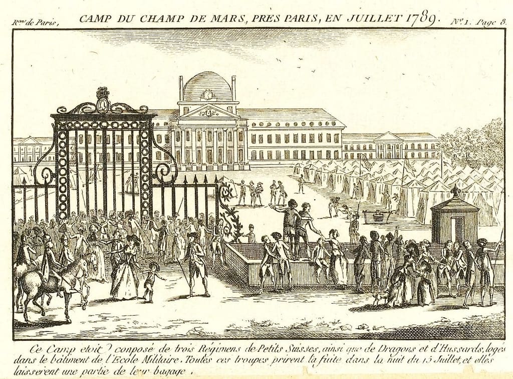 Camp du Champ de Mars près Paris en juillet 1789, trois régiments suisses dragons et hussards, École Militaire