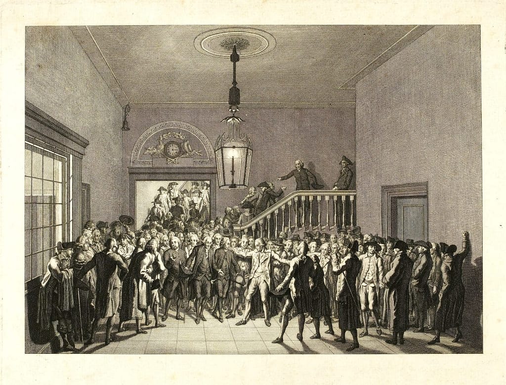 Jacques de Flesselles, Prévôt des marchands, devant le peuple à l'Hôtel de Ville de Paris lors de la formation du Comité permanent, 13 juillet 1789