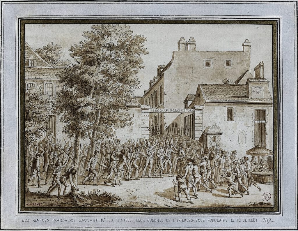 Le Duc Louis-Marie-Florent du Châtelet, colonel et député sauvé de la foule par les Gardes Françaises 13 juillet 1789 devant les Invalides
