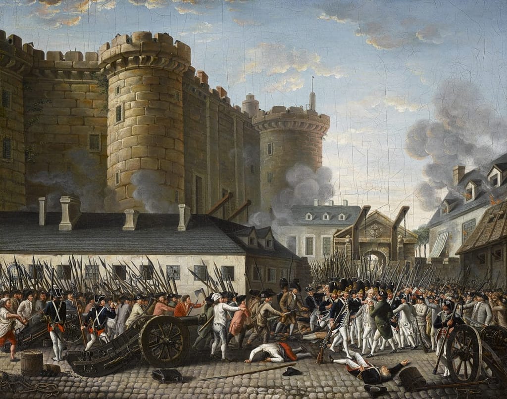 Arrestation de De Launay devant la Bastille — la foule en colère, les grenadiers et les canons, 14 juillet 1789