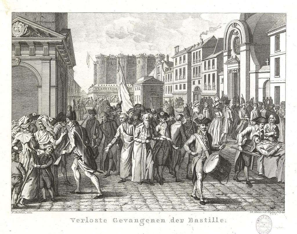 Cortège triomphal des prisonniers de la Bastille libérés le 14 juillet 1789 dans les rues de Paris