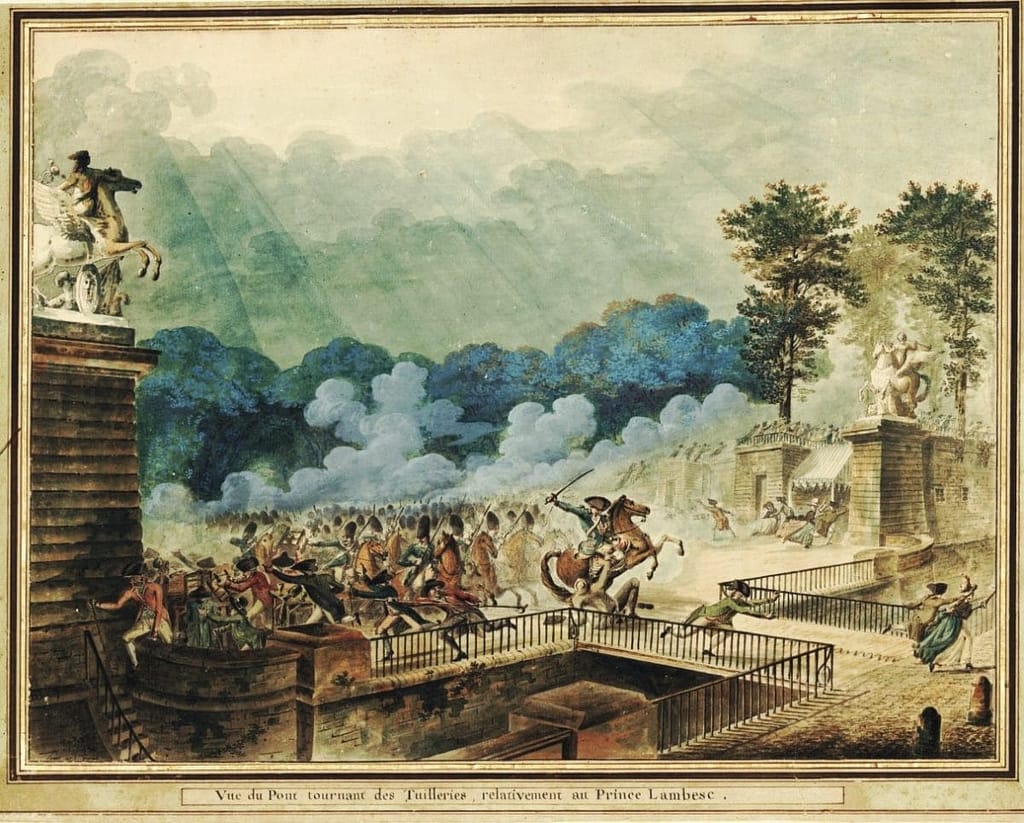 Vue du Pont tournant des Tuileries lors de la charge du Prince de Lambesc le 12 juillet 1789