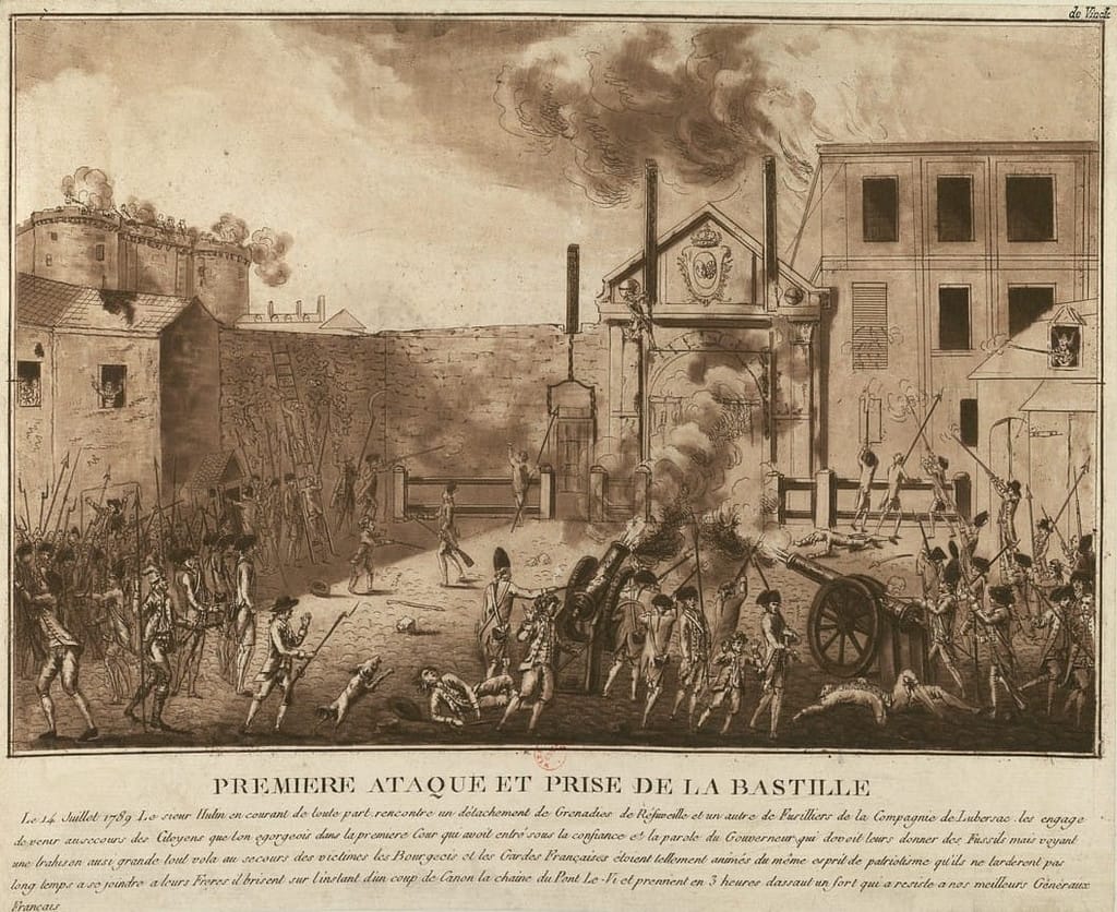Première attaque et prise de la Bastille le 14 juillet 1789, avec Hulin dirigeant les canons et les Gardes Françaises