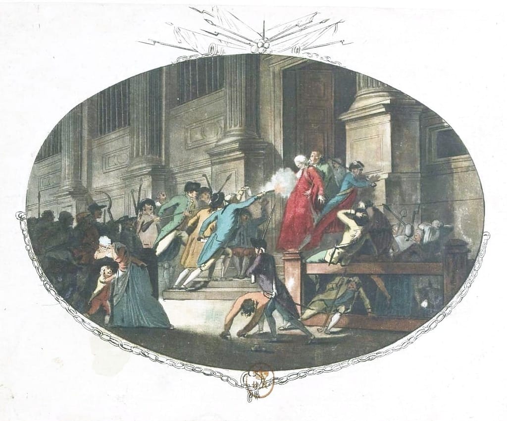 Après la mort de De Launay, celle du prevot des marchands, Flesselles, abattu d'un coup de pistolet, 14 juillet 1789