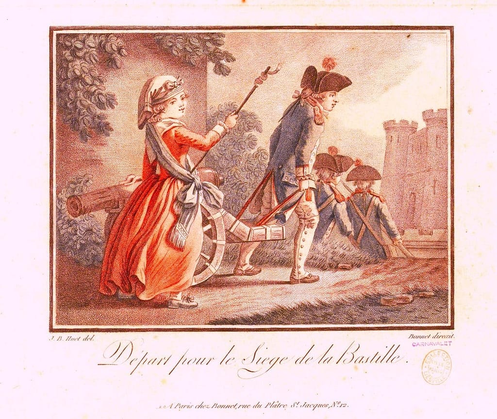 Départ pour le siège de la Bastille, veille du 14 juillet 1789 — gravure J.B. Huet, collection Carnavalet