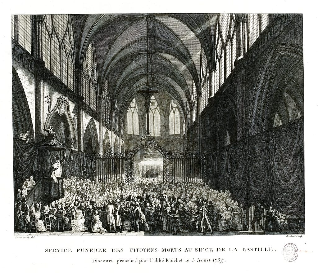 Gravure d'époque montrant Claude Fauchet, en habit ecclésiastique, prononçant un sermon patriotique devant une assemblée de citoyens armés dans une église après la prise de la Bastille.