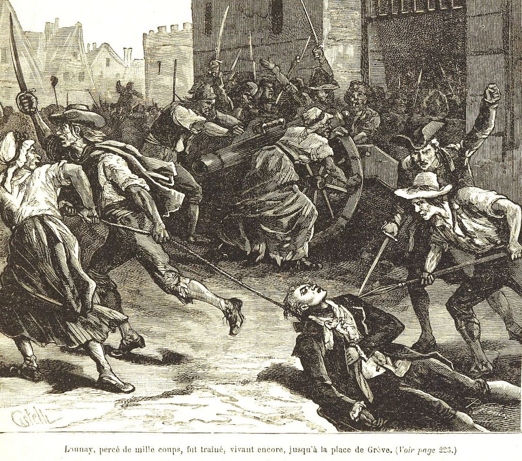 Mort de De Launay traîné par la foule jusqu'à la place de Grève, 14 juillet 1789
