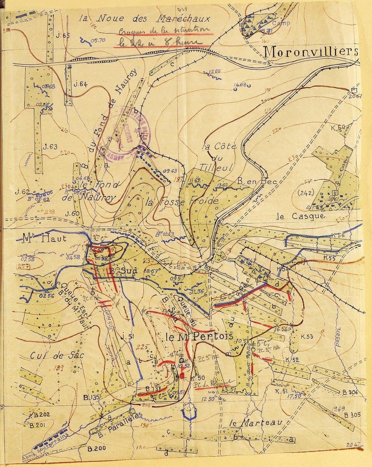 Croquis du dispositif du 14e régiment d'infanterie aux monts de Moronvilliers le 22 avril 1917
