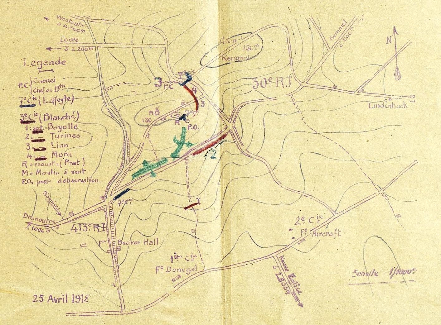 Plan manuscrit du dispositif du 416e Régiment d'Infanterie au Mont Kemmel le 25 avril 1918, jour où l'abbé Jean-Étienne Berthaud, brancardier-aumônier du régiment, fut mortellement blessé