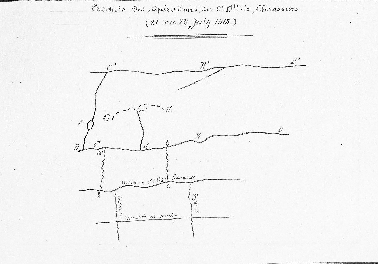 Croquis des opérations du 9e bataillon de chasseurs à pied, 21-24 juin 1915, Tranchée de Calonne, action du capitaine Catlin