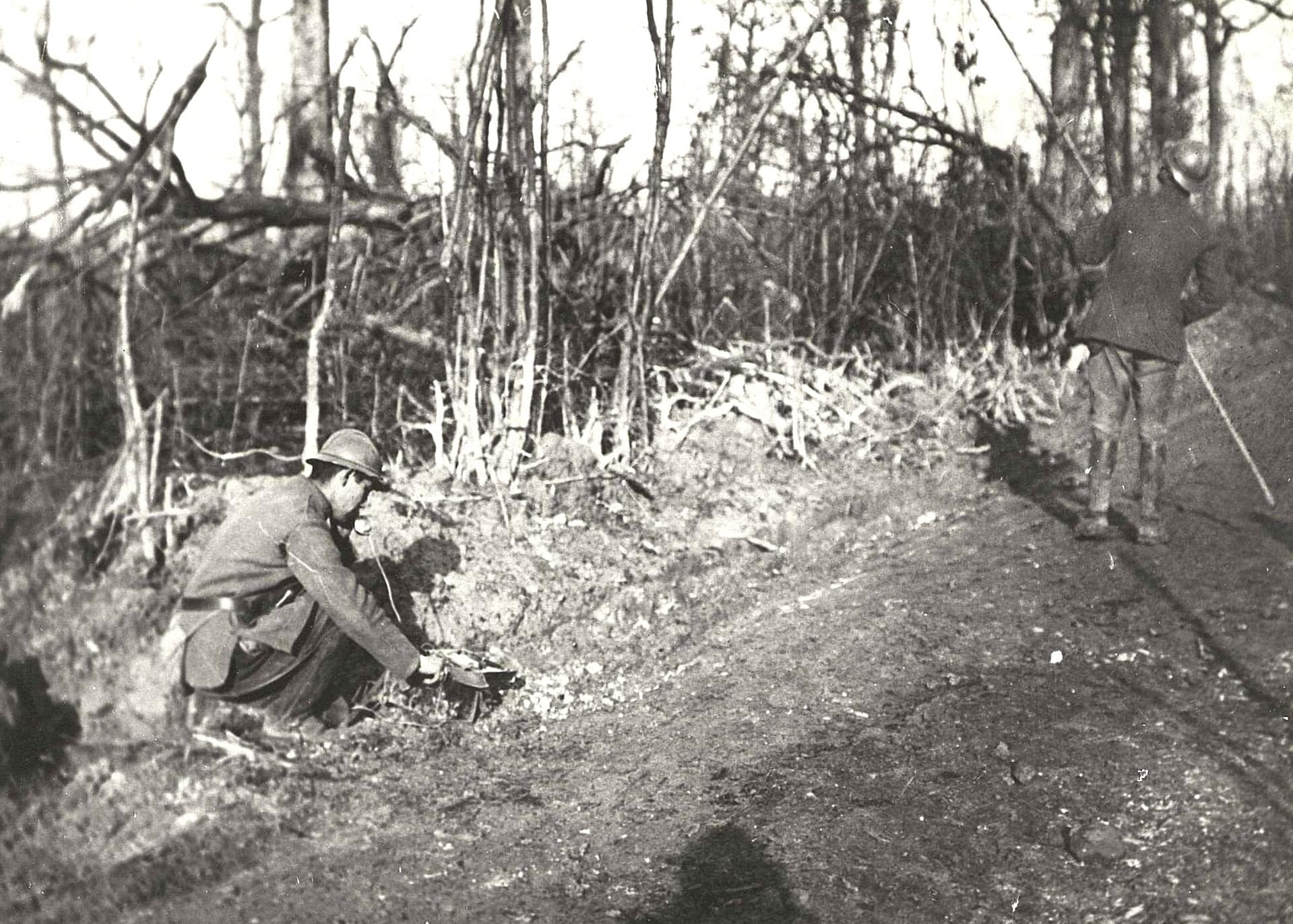 Téléphonistes français établissant une ligne téléphonique dans un bois, Première Guerre mondiale.