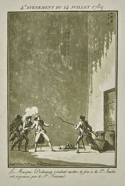 De Launay tentant de mettre le feu aux poudres de la Bastille le 14 juillet 1789, repoussé par le sieur Ferrand, Révolution française