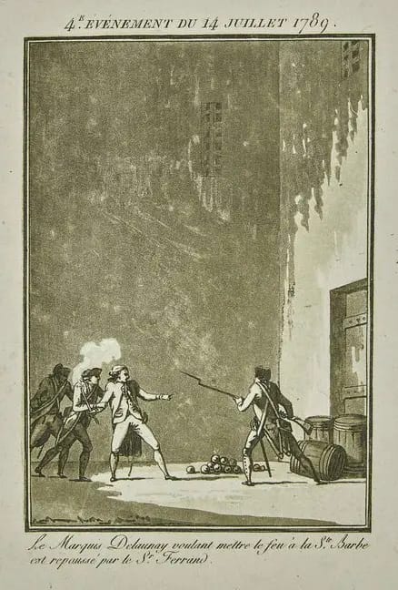 De Launay tente de mettre le feu à la Sainte-Barbe avant la capitulation de la Bastille — repoussé par Ferrand, 14 juillet 1789