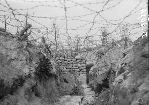 Tranchée de soutien couverte de fil de fer barbelé près de la Fontaine-Houyette, secteur de la Tour d'Auvergne, Argonne, Marne, Première Guerre mondiale