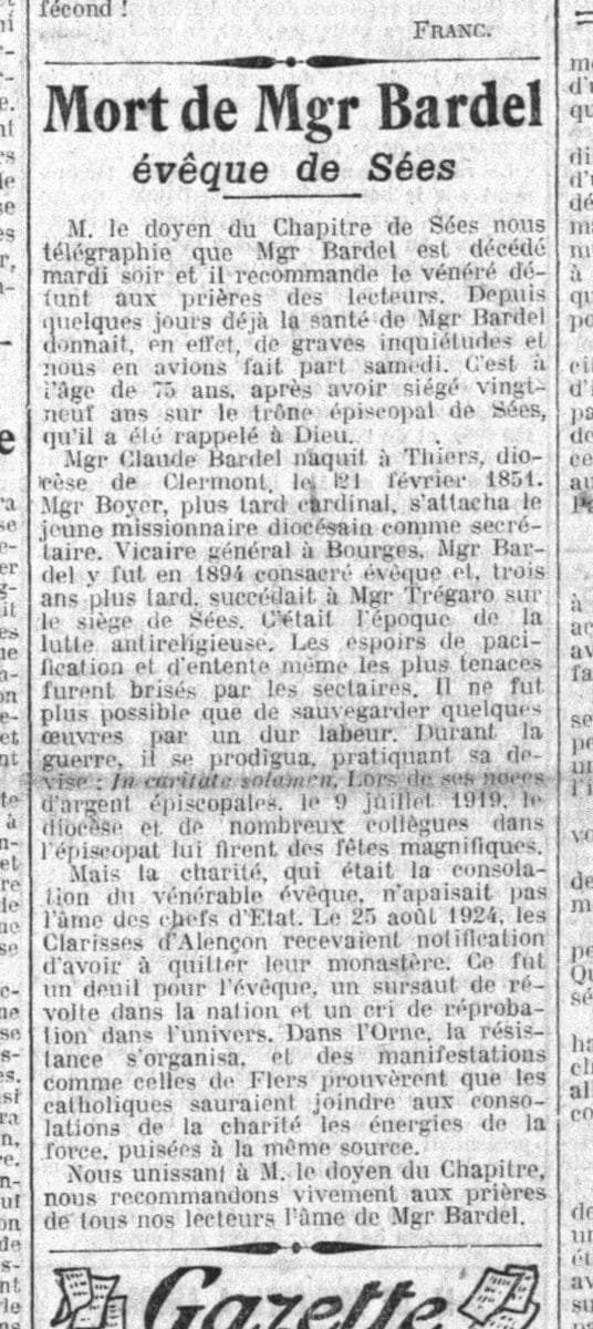 Article du journal La Croix du 18 février 1926 annonçant la mort de Mgr Claude Bardel, évêque de Sées, à l'âge de 75 ans.