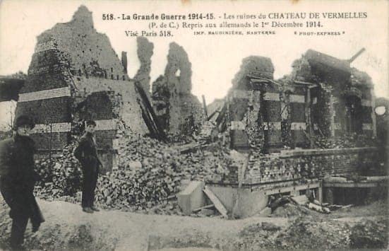 Les ruines du château de Vermelles repris aux Allemands le 1er décembre 1914, pendant la famine occupation 1914 à Loos
