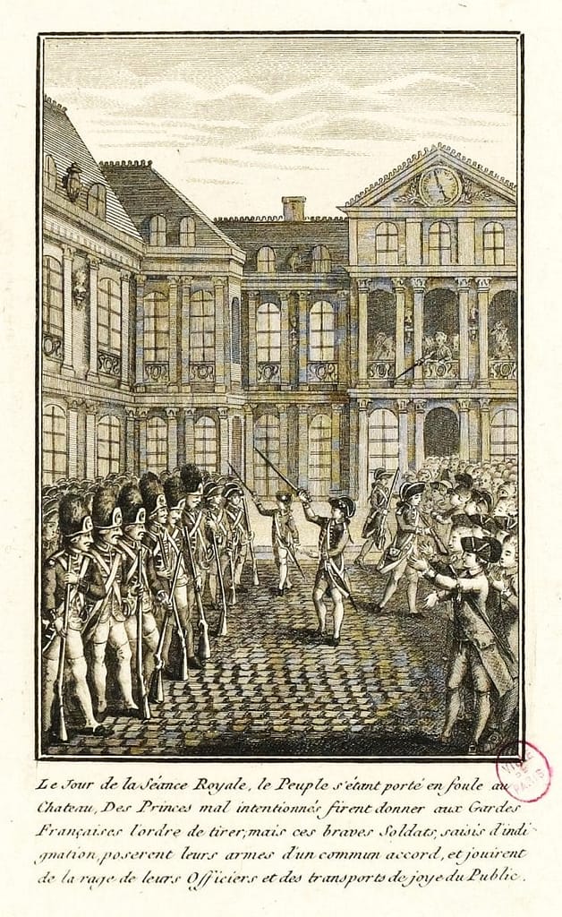 Les Gardes-Françaises refusent l'ordre de tirer sur le peuple lors de la séance royale, veille du 14 juillet 1789