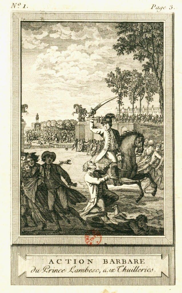 Insurrection de 1789 : Charge criminelle du Prince de Lambesc sur un vieillard au jardin des Tuileries le 12 juillet 1789