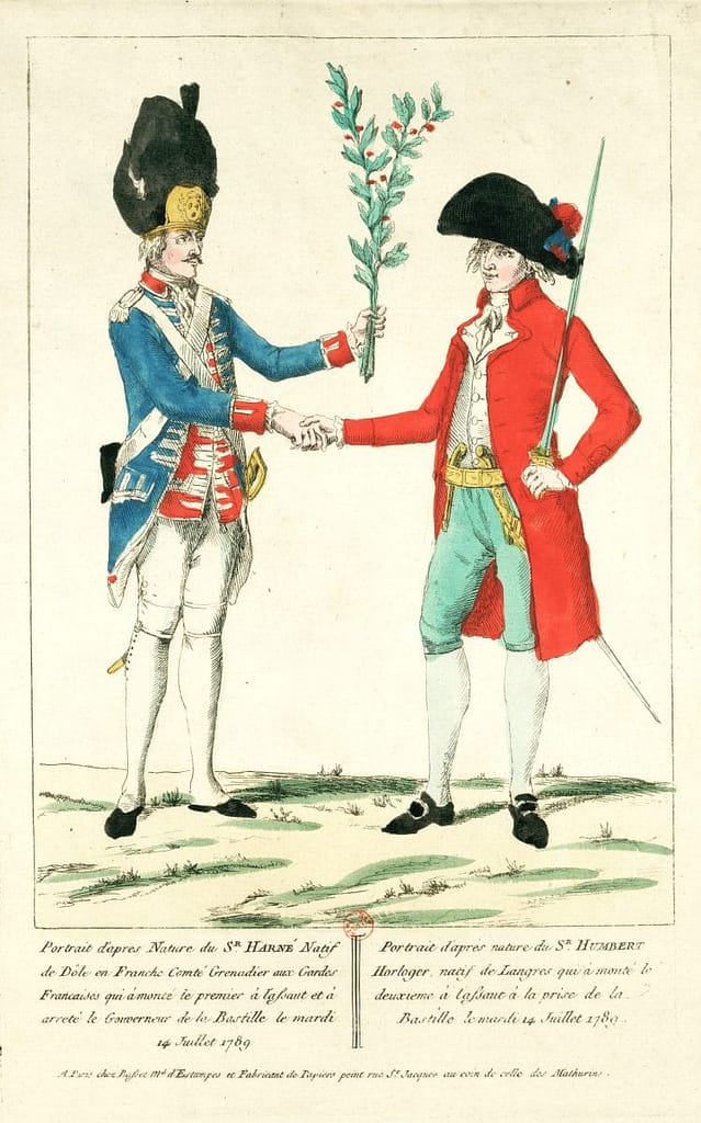 Jean-Baptiste Humbert l'horloger et le grenadier Harné se serrant la main après l'assaut de la Bastille le 14 juillet 1789.