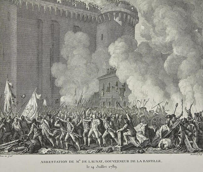 Arrestation du gouverneur de Launay devant la Bastille le 14 juillet 1789, les soldats suisses suivent après la prise de la Bastille Révolution française