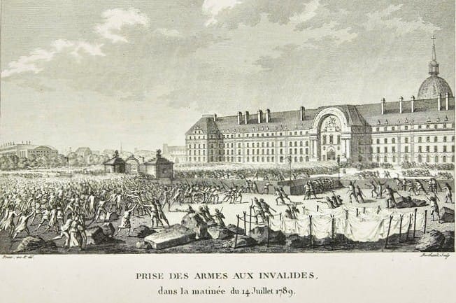 Matin du 14 juillet 1789, les Invalides sont envahi par une foule que Besenval estime à trente ou quarante mille hommes. Les soldats de l'hôtel non seulement ne s'y opposent pas, mais favorisent le pillage. La révolution française a commencé