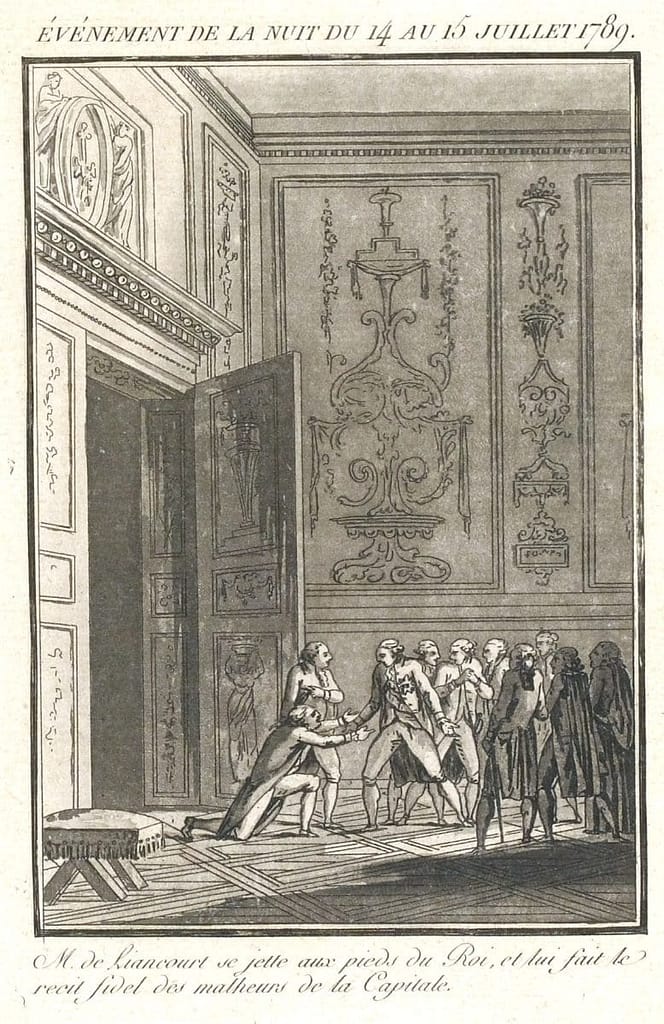 M. de Liancourt annonce au Roi Louis XVI la prise de la Bastille à Versailles, juillet 1789.