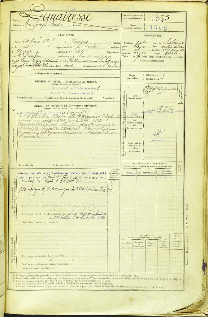 Fiche matricule du lieutenant Marie Joseph André Lamairesse, tué à Loos en octobre 1914, document d'archive pour Soldats occupation 1914