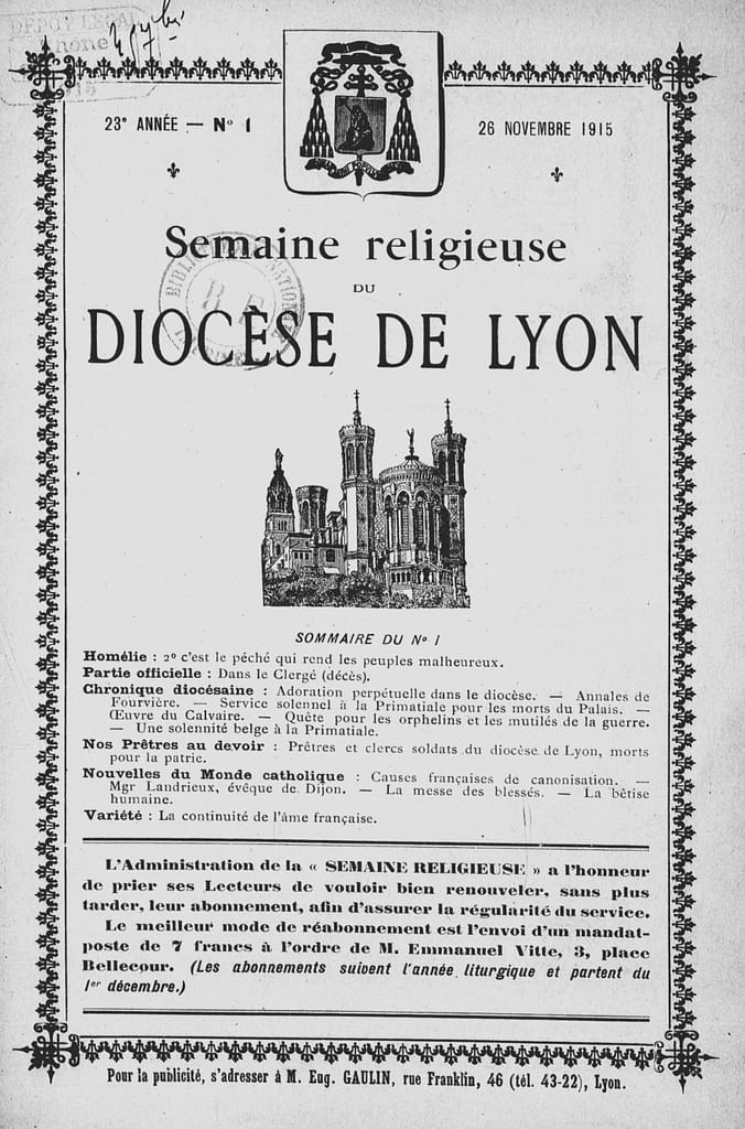 Une de la Semaine religieuse du diocèse de Lyon, 26 novembre 1915, diocèse de Lyon 1914-1918