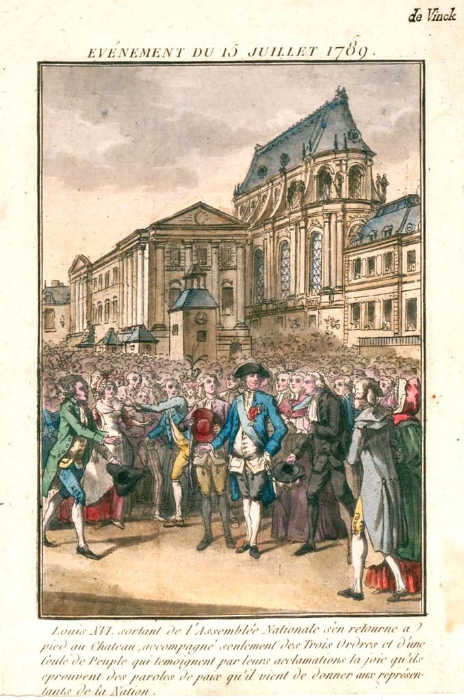 Louis XVI le 15 juillet 1789 sortant de l'Assemblée nationale — gravure de Vinck, Stanford