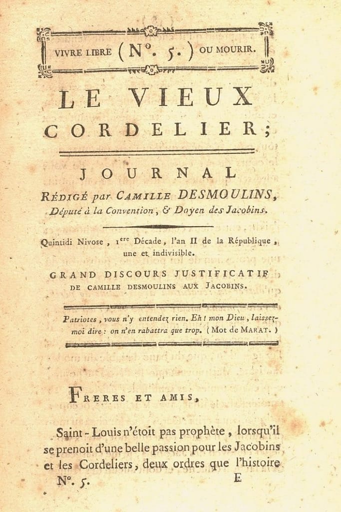 Page de titre du Vieux Cordelier de Camille Desmoulins, numéro 5 de janvier 1794 — Grand discours justificatif aux Jacobins, Quintidi Nivôse an II