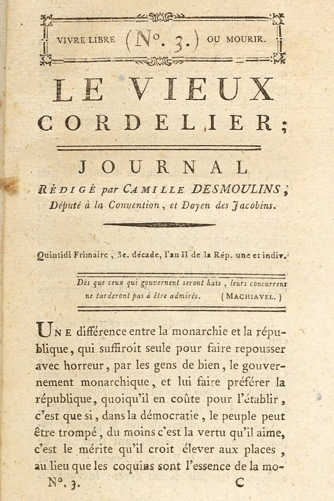 Page de titre du Vieux Cordelier de Camille Desmoulins le numéro 3, journal rédigé par le député à la Convention et doyen des Jacobins, décembre 1793 — BnF-Gallica