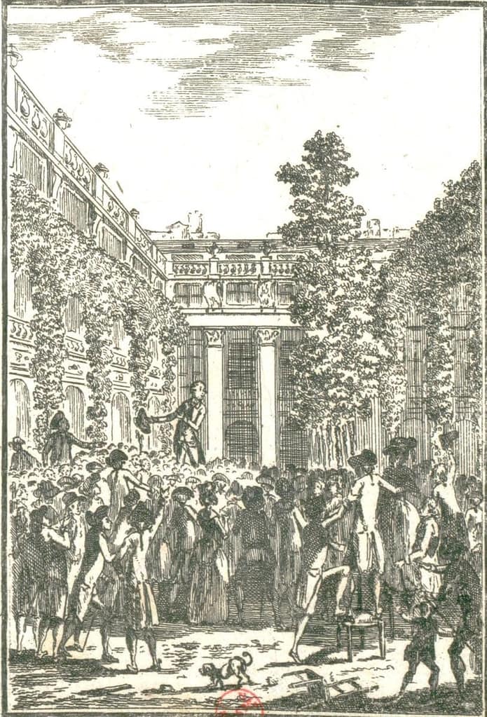Orateurs montés sur des chaises au Palais-Royal devant la foule parisienne en armes, juillet 1789