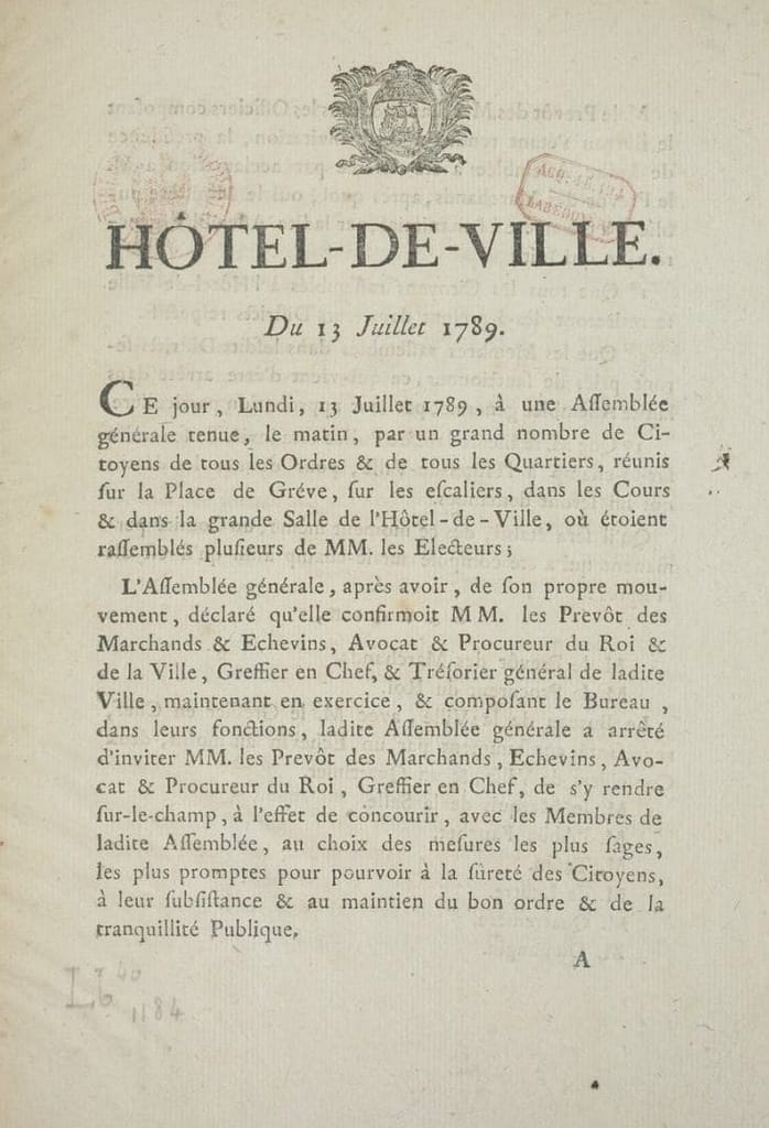 Arrêté original de l'Hôtel-de-Ville du 13 juillet 1789 créant le Comité permanent et la milice parisienne, signé par Ethis de Corny et Flesselles